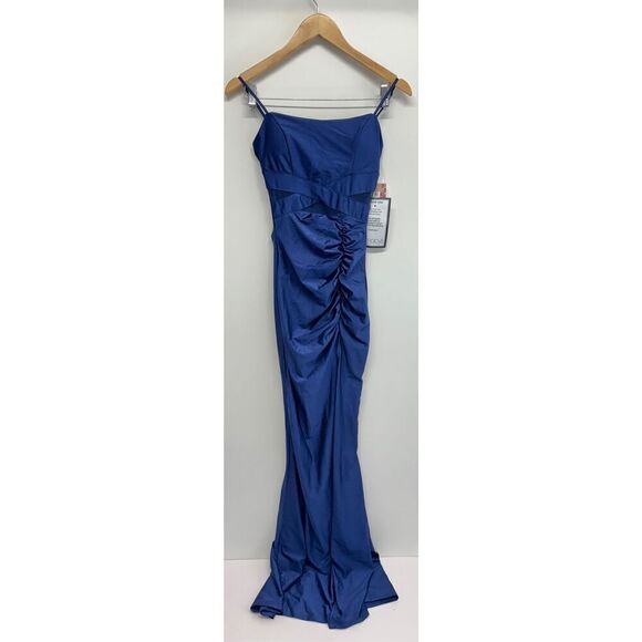 Emerald Sundae Mesh Panel Maxi Dress Size Extra Small Blue Side Slit Gown NEW - Picture 2 of 8